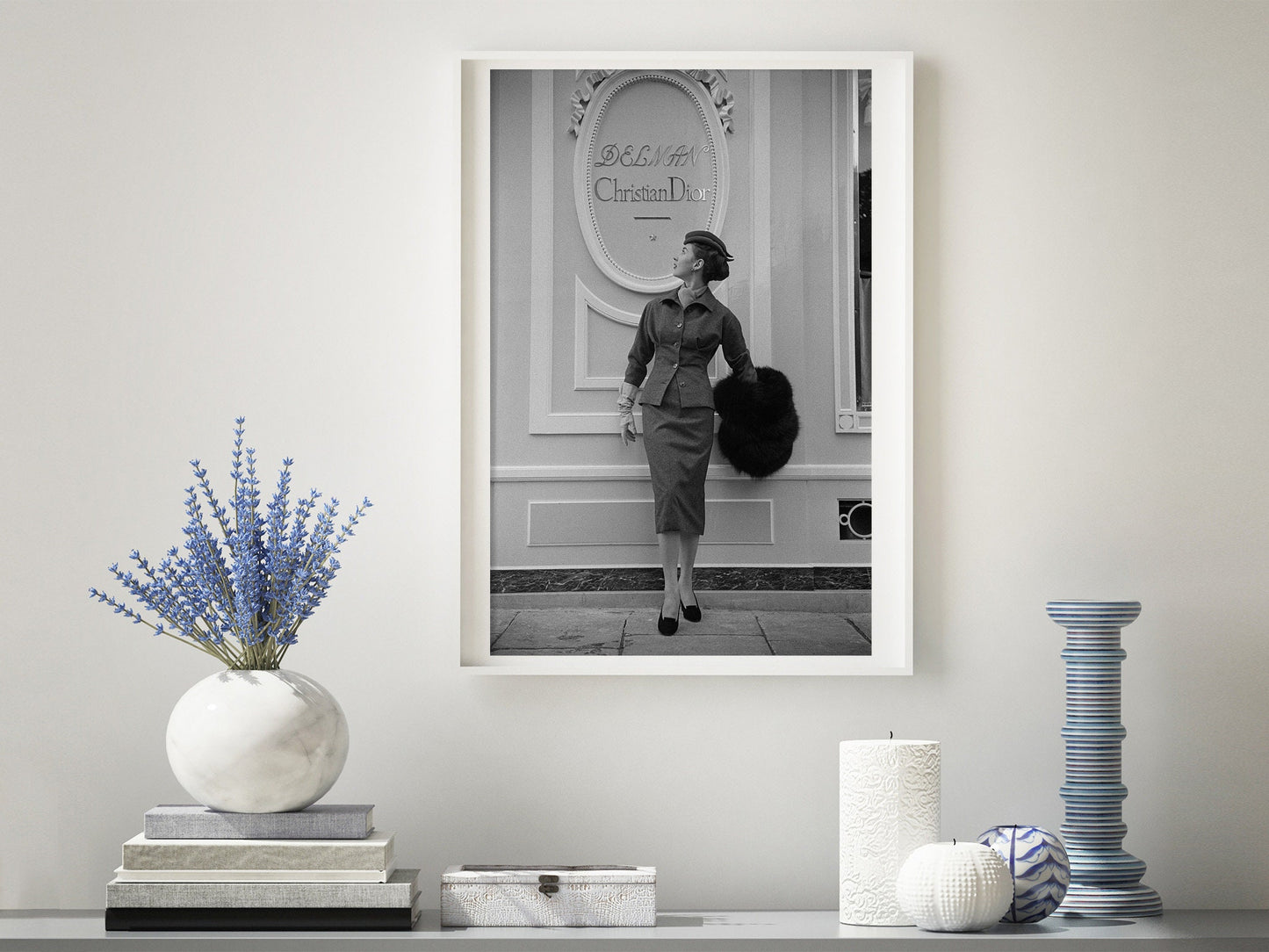 Boutique Print Poster, A model wearing a muff and suit outside boutique in Paris, 1953