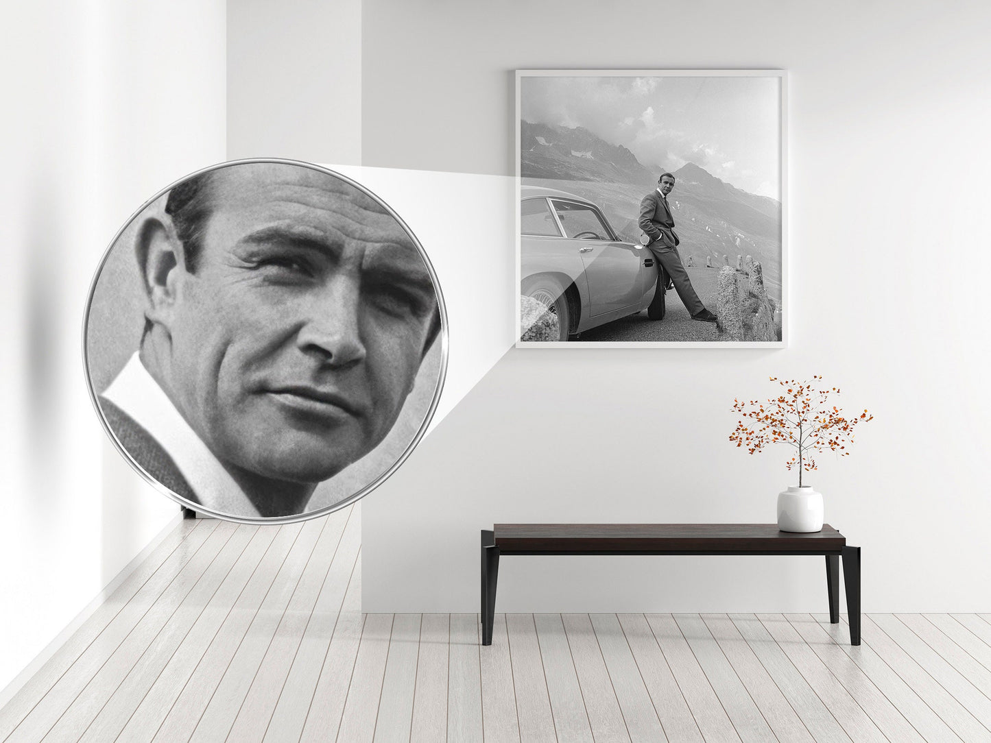 Fine Art Photo by Michael Ochs, Sean Connery Print Poster, James Bond next to his Aston Martin DB5, "Goldfinger", 1964