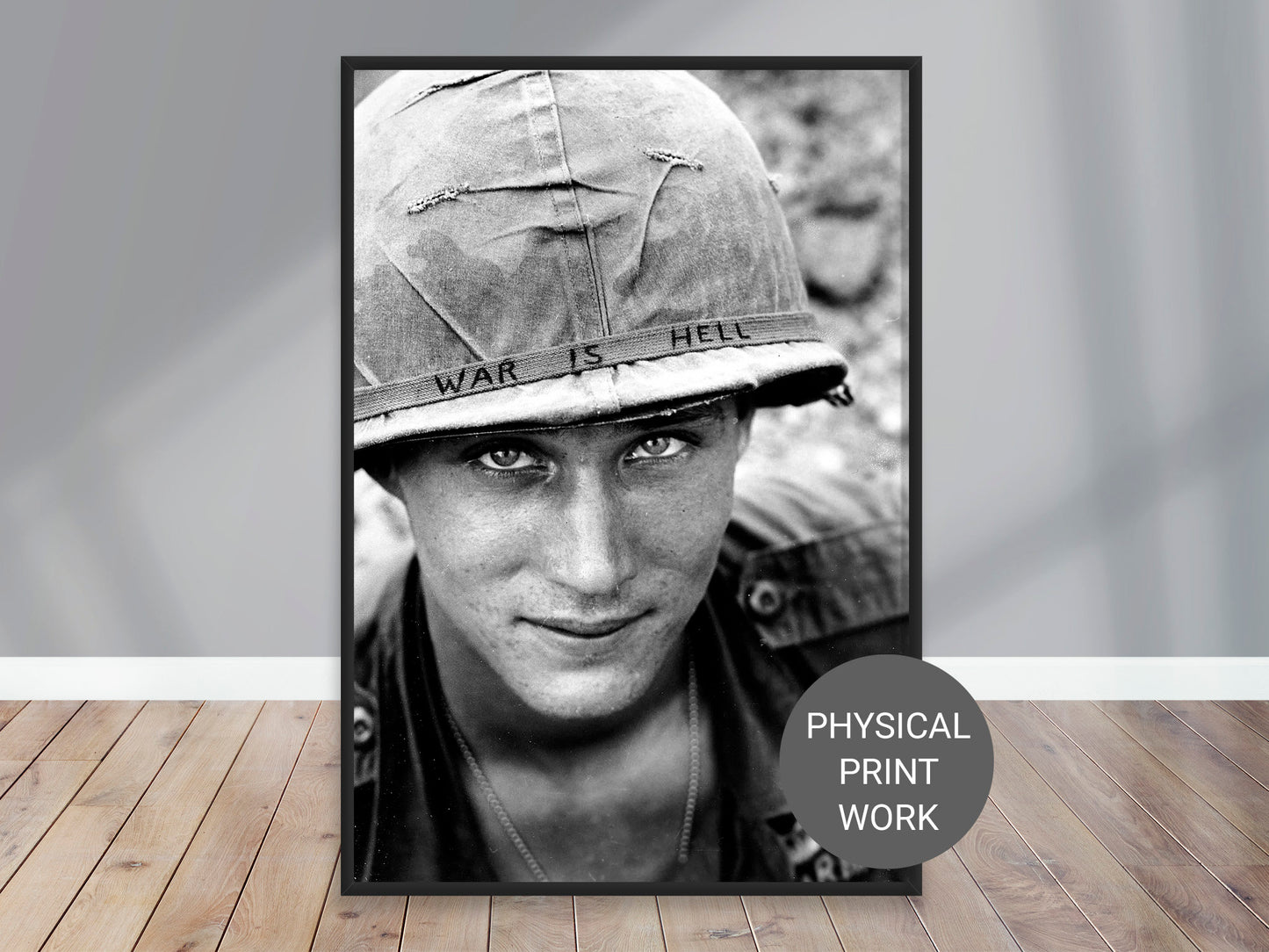 Vietnam War Photo Poster, An American US Soldier wears a hand-lettered War Is Hell Helmet