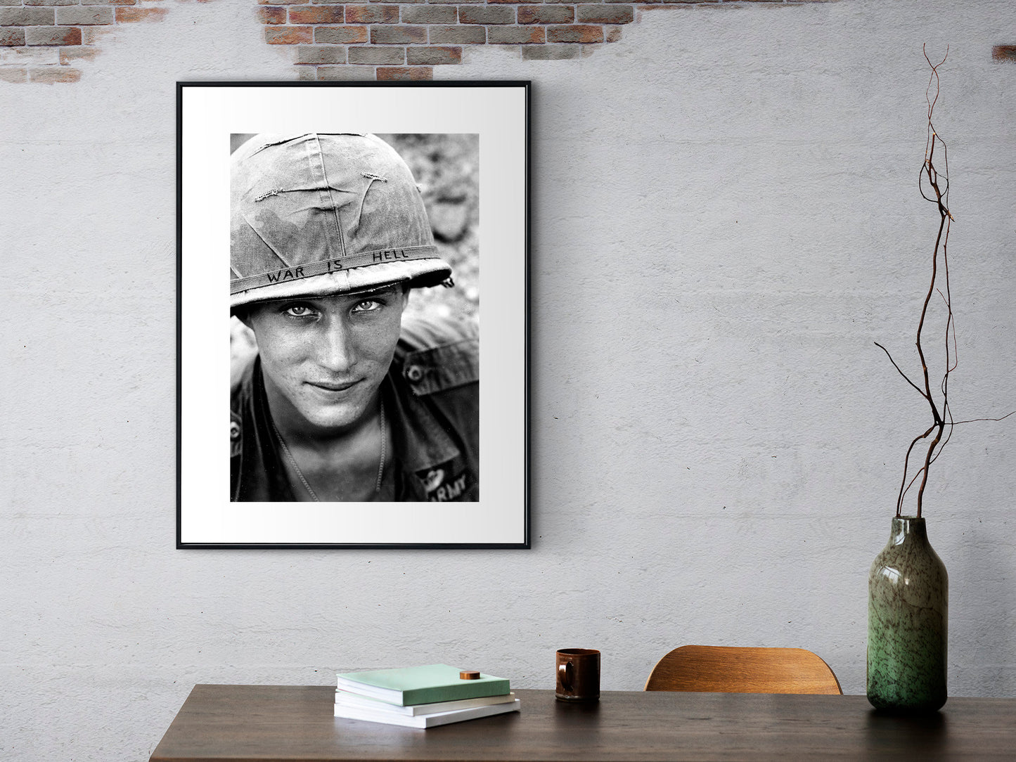 Vietnam War Photo Poster, An American US Soldier wears a hand-lettered War Is Hell Helmet