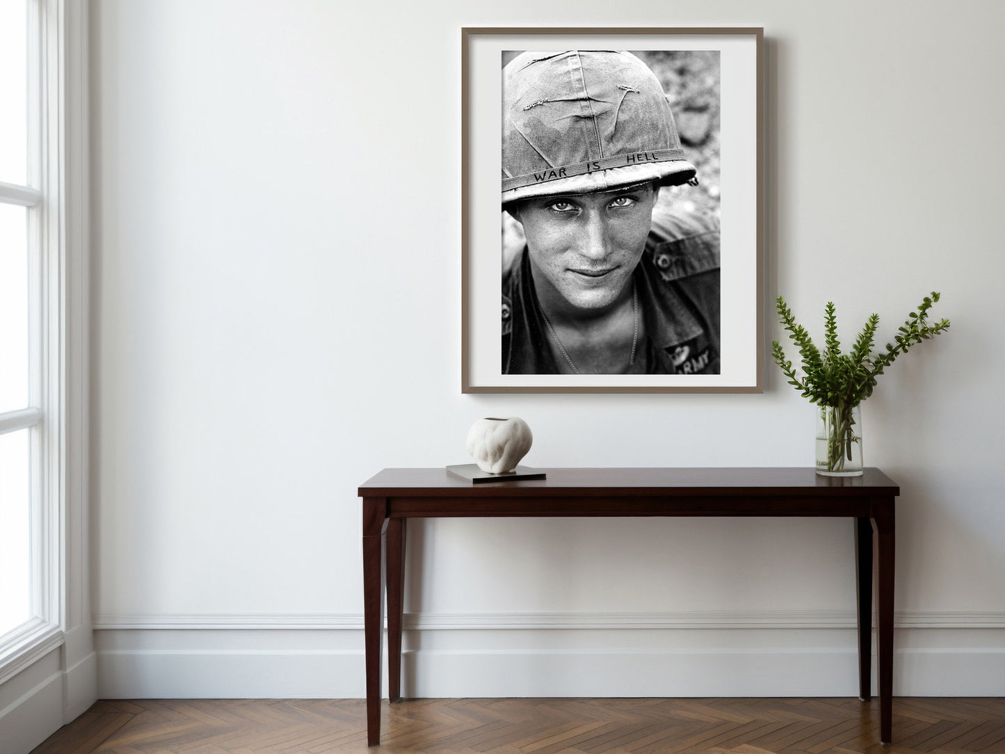 Vietnam War Photo Poster, An American US Soldier wears a hand-lettered War Is Hell Helmet
