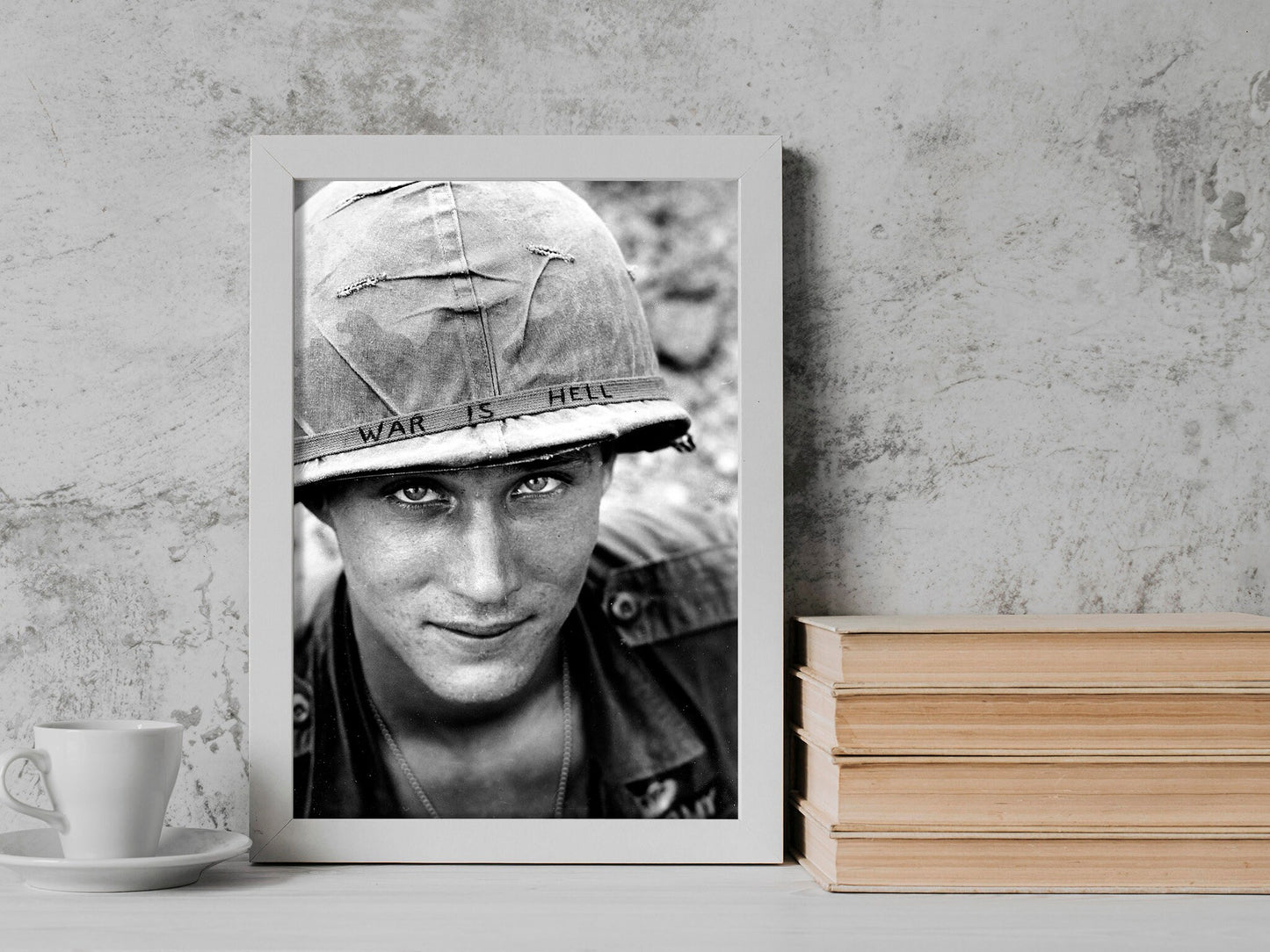 Vietnam War Photo Poster, An American US Soldier wears a hand-lettered War Is Hell Helmet