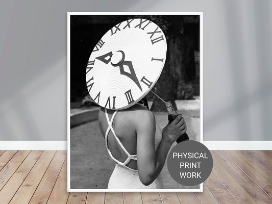 Sundial Hat Poster, British dancer Rosemary Andree wearing a sunhat with a clock face design on a summer's day at the Roehampton Pool