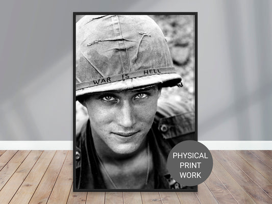 Vietnam War Photo Poster, An American US Soldier wears a hand-lettered War Is Hell Helmet